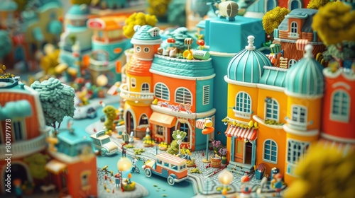 A close up of a miniature toy city with colorful buildings and people walking around.