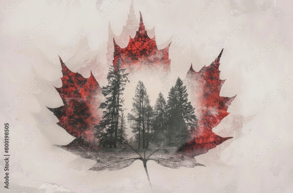 A maple leaf with trees inside, double exposure