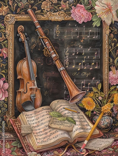 Whimsical of Musical Instruments and Notes on a Vintage Blackboard adorning a Detailed Floral Wallpaper photo