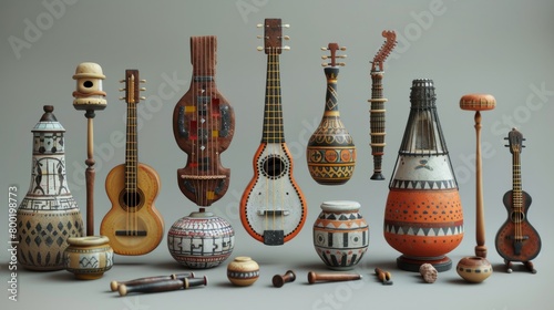 A collection of 3D rendered musical instruments.