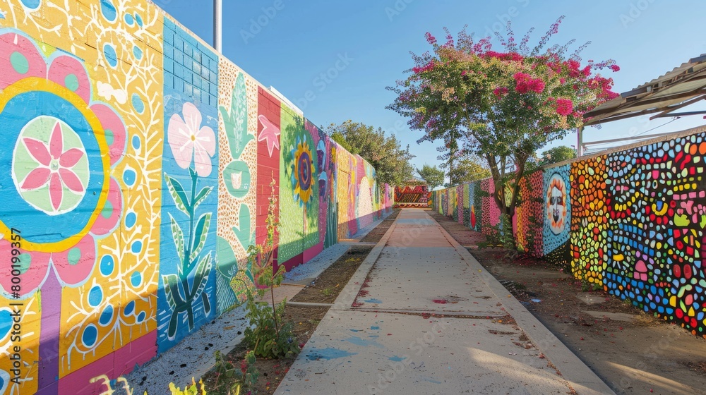 Obraz premium A colorful mural of flowers and geometric shapes adorns a long concrete wall, with a pink flowering tree and blue sky in the background.
