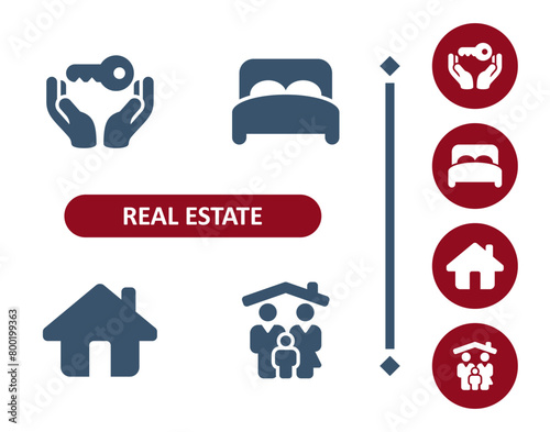 Real estate icons. House, home, hands, key, realtor, home owner, bed, bedroom, household, family icon