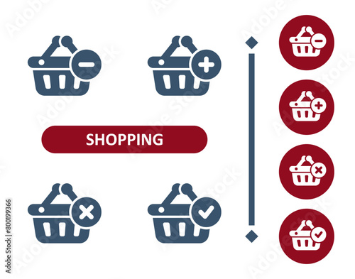 Shopping icons. Shopping basket, basket, button, plus, add, minus, checkmark, delete, cancel icon photo