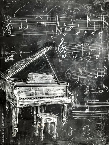 Musical A Vintage Sketch of Piano Notes on a Chalkboard Wall