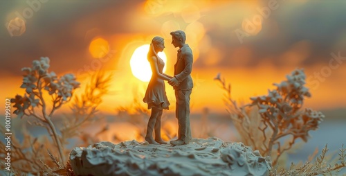 A couple figurine on a white frosted wedding cake  with an orange sunset in the background.