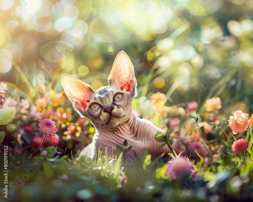 A cute sphinx cat lying on a grassy lawn in springtime, surrounded by blooming flowers and greenery, Summer illustration on the theme of pets.