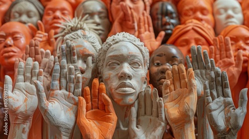 A crowd of clay sculptures with their hands raised