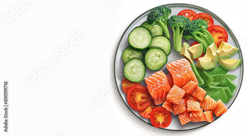 Healthy diet breakfast of pieces of red salmon, green cucumbers, avocado, broccoli and red tomatoes, on a plate, on a white background
