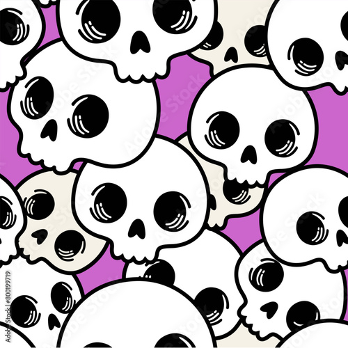 Cute pattern of human skulls. Funny skull faces. Monochrome ornament. Scary Halloween pattern. Suitable for printing on fabric. Cute skulls photo