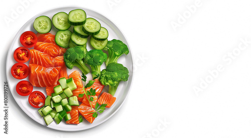 Healthy diet breakfast of pieces of red salmon, green cucumbers, avocado, broccoli and red tomatoes, on a plate, on a white background