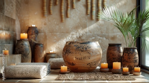 A dimly lit room with a large clay pot in the center. There are several smaller clay pots and candles arranged around it. A palm plant is in the corner of the room.