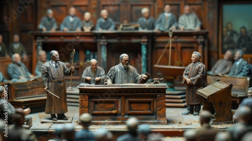 A diorama of a court scene with a judge, lawyers, and spectators