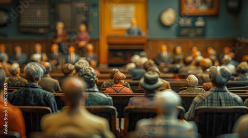 A diorama of a courtroom with the judge at the front and the jury in the back photo