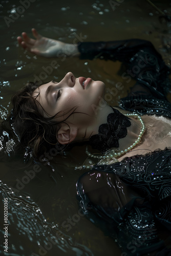 woman in black wet dress and pearls necklase laying on her back floating down the river, moody, dark, wet, cinematic, photo realistic photo