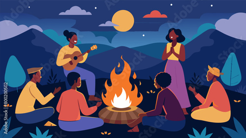 As the sun sets over the horizon a group of people gather around a fire pit their faces lit by the fire as they sing spirituals and folk songs that. Vector illustration