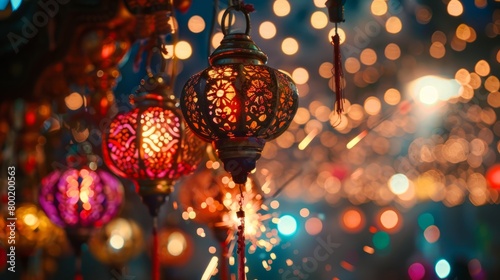 A glowing lantern hangs in a dark room. The lantern is made of metal and has intricate designs cut into it. The light from the lantern casts a warm glow on the surrounding area. photo