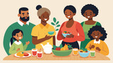 Families come together to celebrate freedom and feast on soul food favorites like gumbo collard greens and peach cobbler at the Juneteenth Soul Food. Vector illustration
