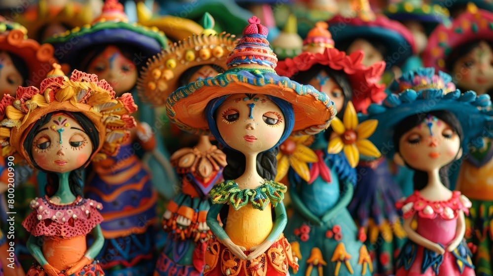 A group of colorful clay dolls with elaborate headdresses