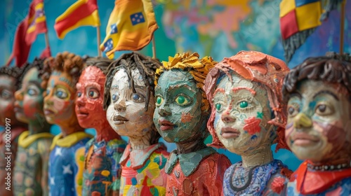 A group of colorful and whimsical sculptures of children with flags.