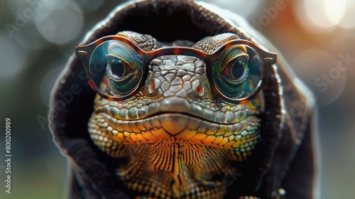 Poster of a lizard with a hood and glasses