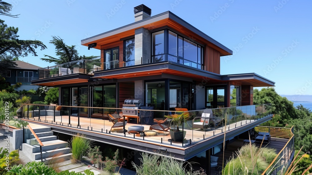 A contemporary beach house with a rooftop deck, glass railings, and panoramic views A contemporary beach house with a rooftop deck, glass railings, and panoramic views