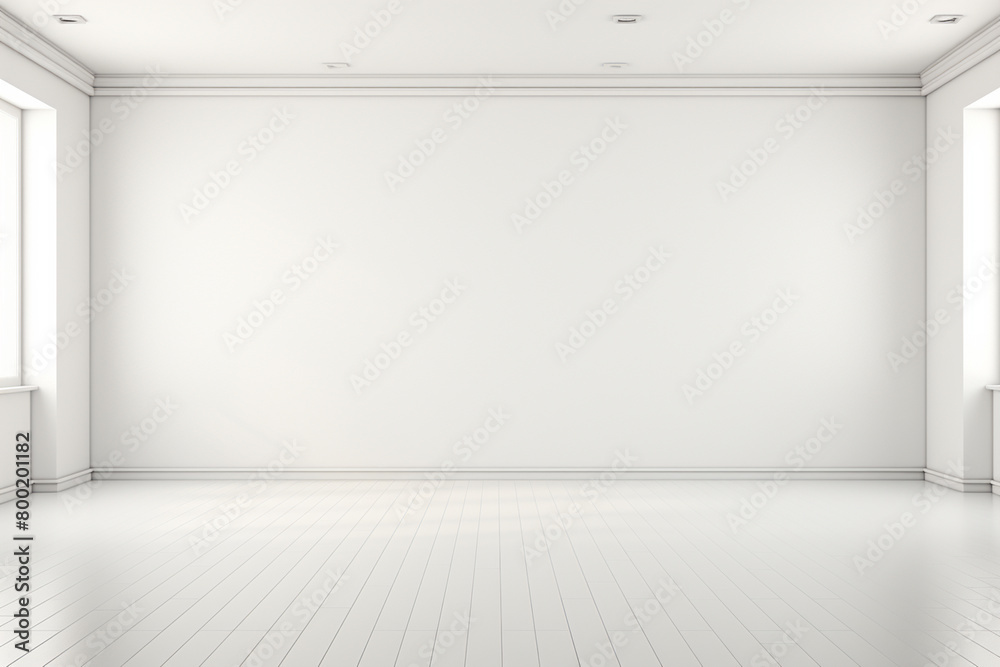 White empty room with white walls, white floor and wooden shelves. 3d rendering mock up
