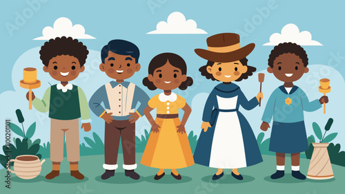 Children participating in a reenactment of the first Juneteenth celebrations dressed in period costumes and learning about the traditions and customs.. Vector illustration