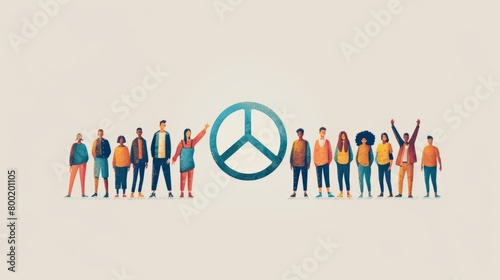 A group of diverse people of all ages and genders standing together in front of a peace symbol.