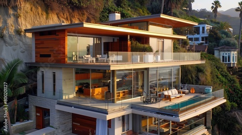 A contemporary beach house with a rooftop deck, glass railings, and panoramic views