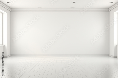 White empty room with white walls, white floor and wooden shelves. 3d rendering mock up