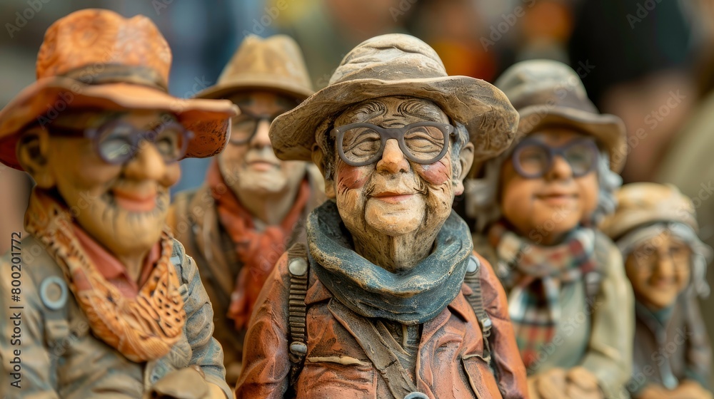 A group of wooden carvings of old men with glasses and hats