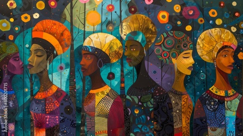 A group of six black women with colorful headwraps are standing in a forest. The background is dark blue and there are colorful flowers and leaves in the foreground.