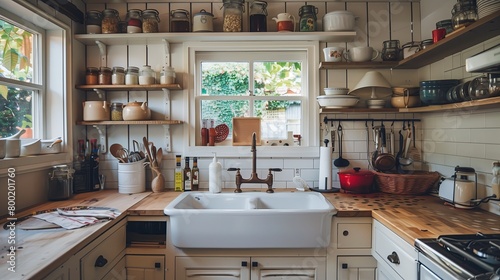 A cozy cottage kitchen with open shelving, a farmhouse sink, and vintage accents