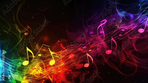 Glowing music sheets notes on beautiful lights ,bokeh background.Abstract background design: Colorful music notes on a dark background.