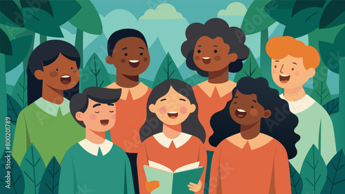 Against a backdrop of a lush green forest a multiracial choir stands tall their eyes closed as they pour their hearts into a soulstirring rendition of. Vector illustration