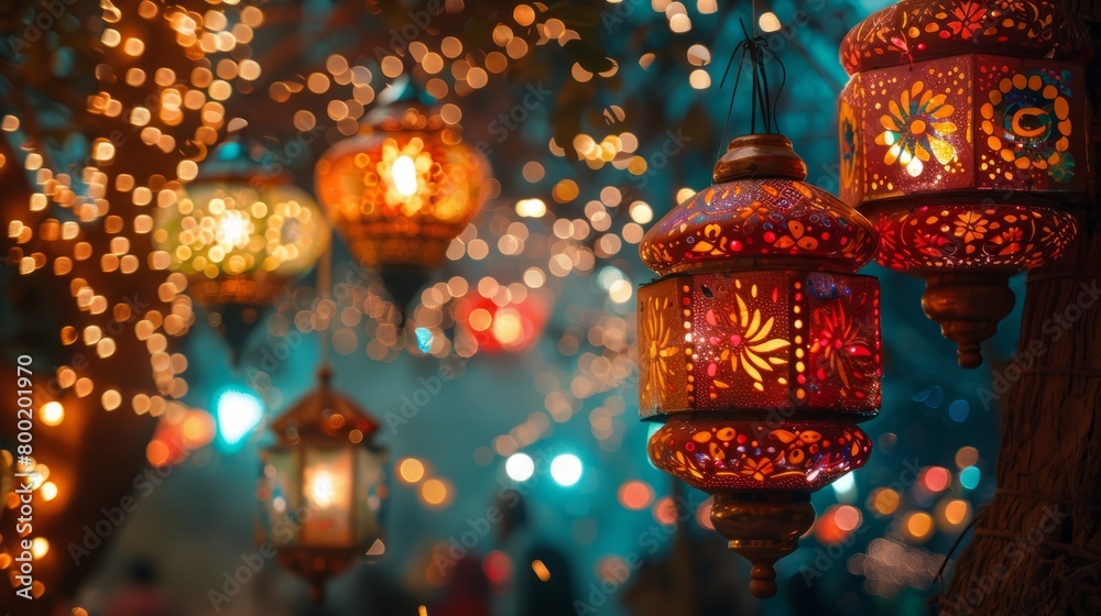 Naklejka premium A lantern glowing in the dark with a bokeh background