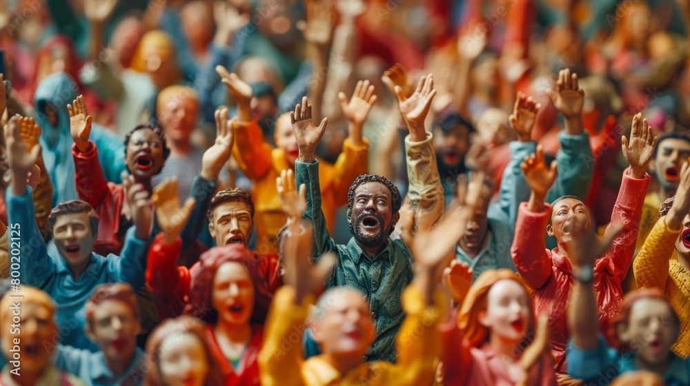 Fototapeta premium A large crowd of people, all with their hands raised in the air, cheering.