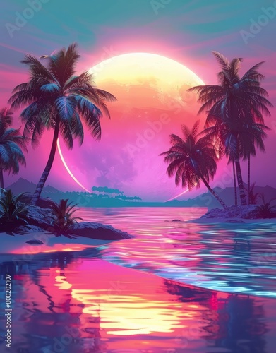 Vaporwave sunset with palm trees and sun in the background. © MSTSANTA