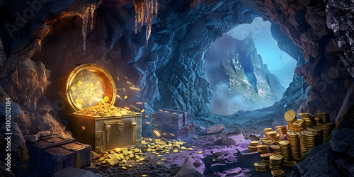 Hidden cave with a treasure chest and ancient relics photo