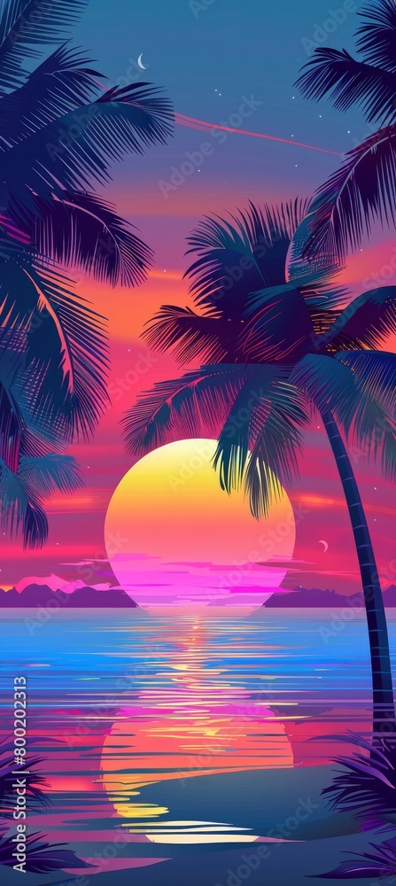Vaporwave sunset with palm trees and sun in the background.