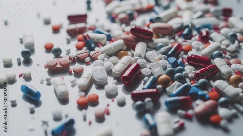 Prescription medicine drug pills scattered on white countertop addiction opioid epidemic crisis painkiller benzodiazepine photo