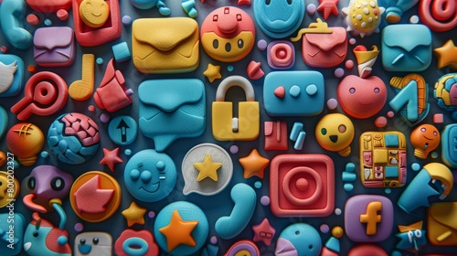 A lot of colorful 3D rendered social media icons made of play-doh on a blue background. photo