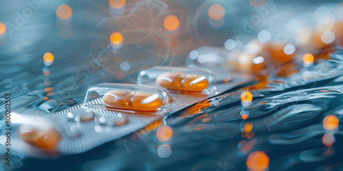 Orange bubbles forming as pills dissolve in water, symbolizing medication being prepared.