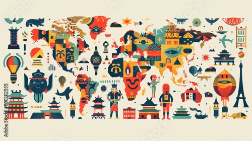A map of the world with different landmarks and cultural symbols.