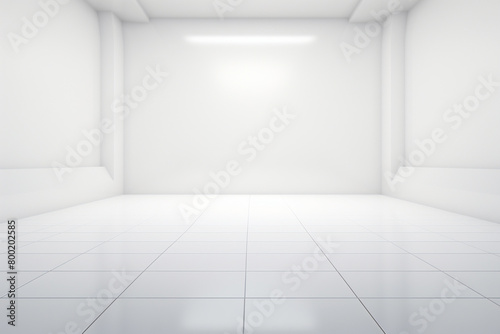 White empty room with white walls, white floor and wooden shelves. 3d rendering mock up