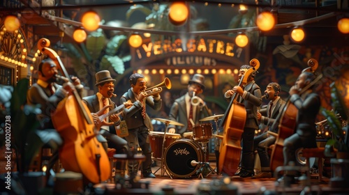 A miniature jazz band is playing on a stage in a jazz club. photo
