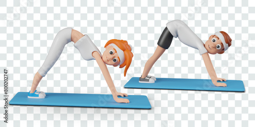 Male and female character doing yoga. Man and woman stand on mat