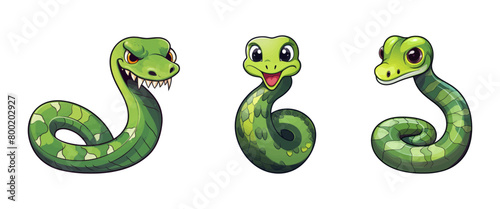 Three green snakes displaying open mouths.