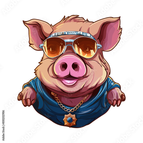 Cool pig wearing sunglasses and gold necklace. Cartoon vector