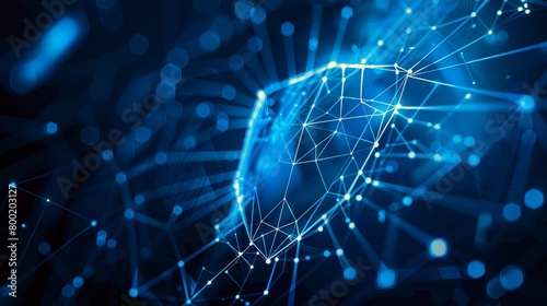 Abstract Cybersecurity Technology with Digital Data Protection Concept: Dark Blue Background Featuring Polygons, Dots, and Lines with Center Focus and Side Blur